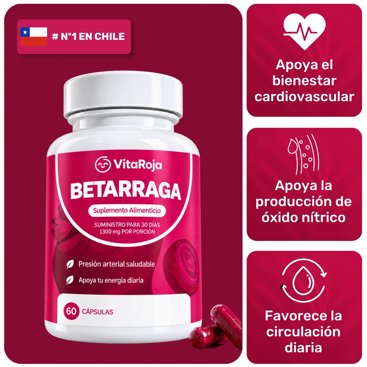 Frasco de Betarraga Concentrada VitaRoja, N°1 en Chile, y sus beneficios: bienestar cardiovascular, producción de óxido nítrico y circulación diaria