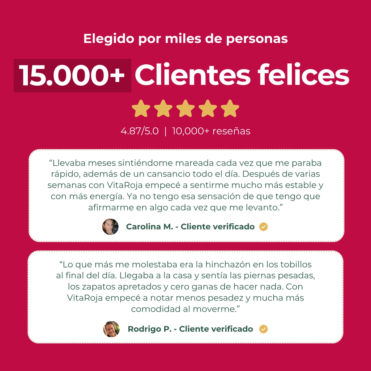 Elegido por miles de personas: más de 15.000 clientes felices, 4,87 sobre 5 con más de 10.000 reseñas, y dos testimonios