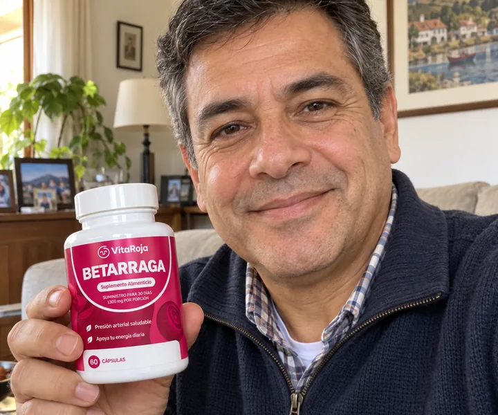 Rodrigo M., cliente de VitaRoja, con su frasco de Betarraga Concentrada