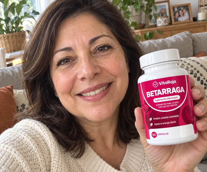 Patricia G., cliente de VitaRoja, con su frasco de Betarraga Concentrada