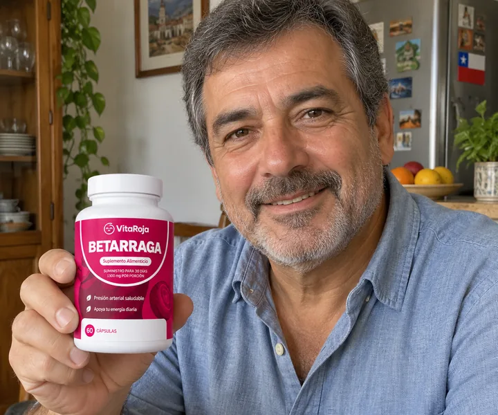 Felipe R., cliente de VitaRoja, con su frasco de Betarraga Concentrada