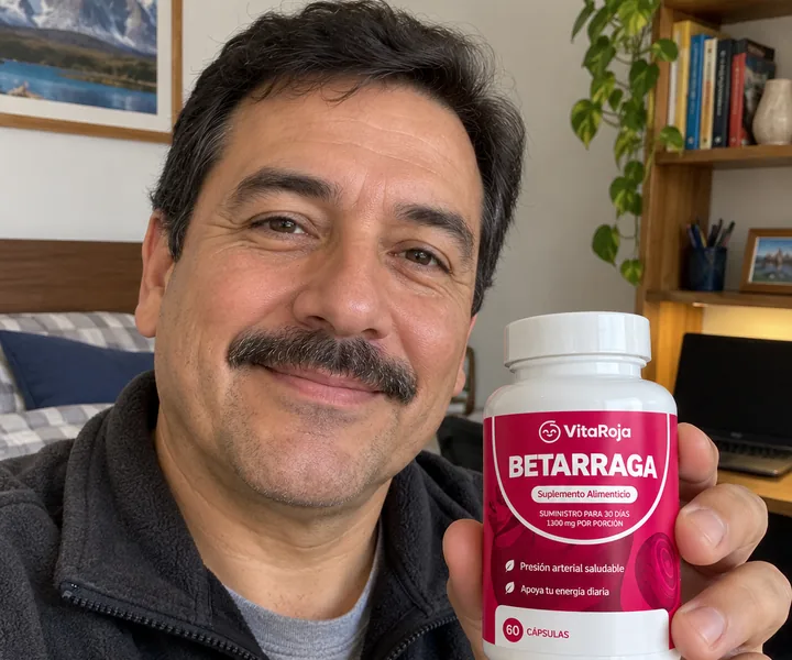 Gonzalo A., cliente de VitaRoja, con su frasco de Betarraga Concentrada