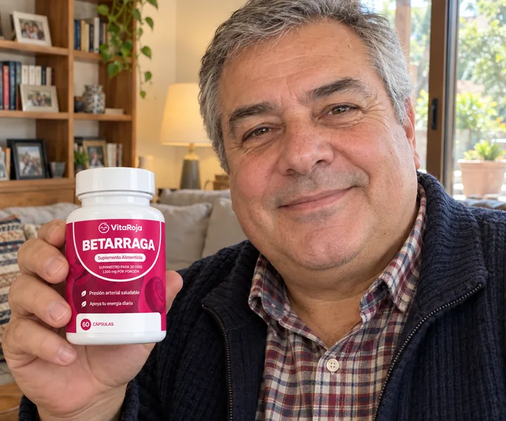 Andrés H., cliente de VitaRoja, con su frasco de Betarraga Concentrada