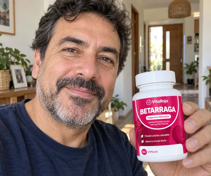Sebastián L., cliente de VitaRoja, con su frasco de Betarraga Concentrada