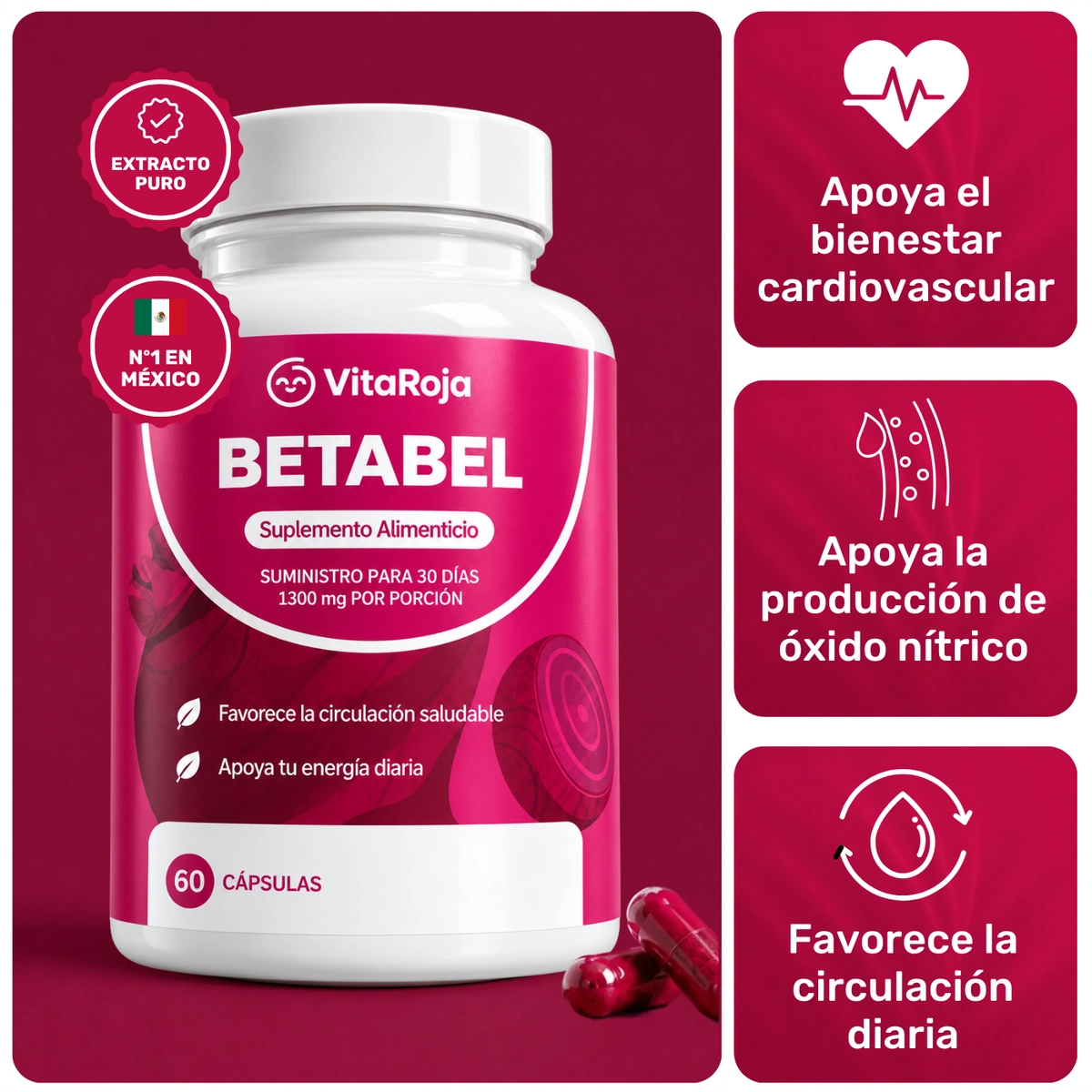 Frasco de Betabel Concentrado VitaRoja y sus beneficios: bienestar cardiovascular, producción de óxido nítrico y circulación diaria