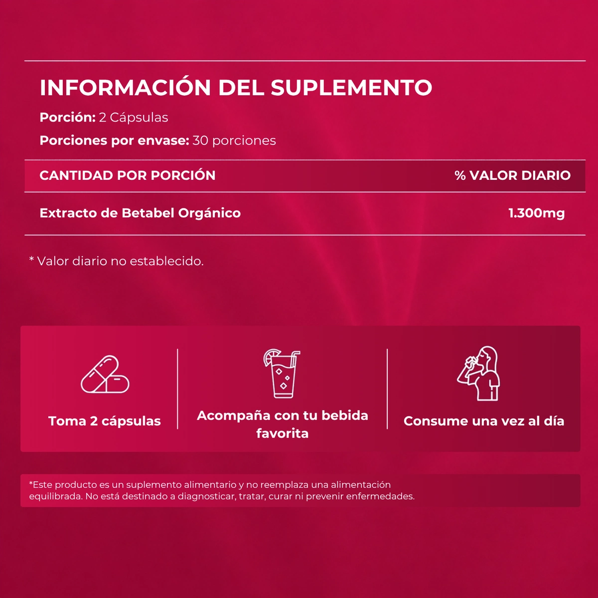 Información del suplemento: dos cápsulas por porción, 30 porciones por envase, 1.300 mg de extracto de betabel orgánico, y cómo tomarlo